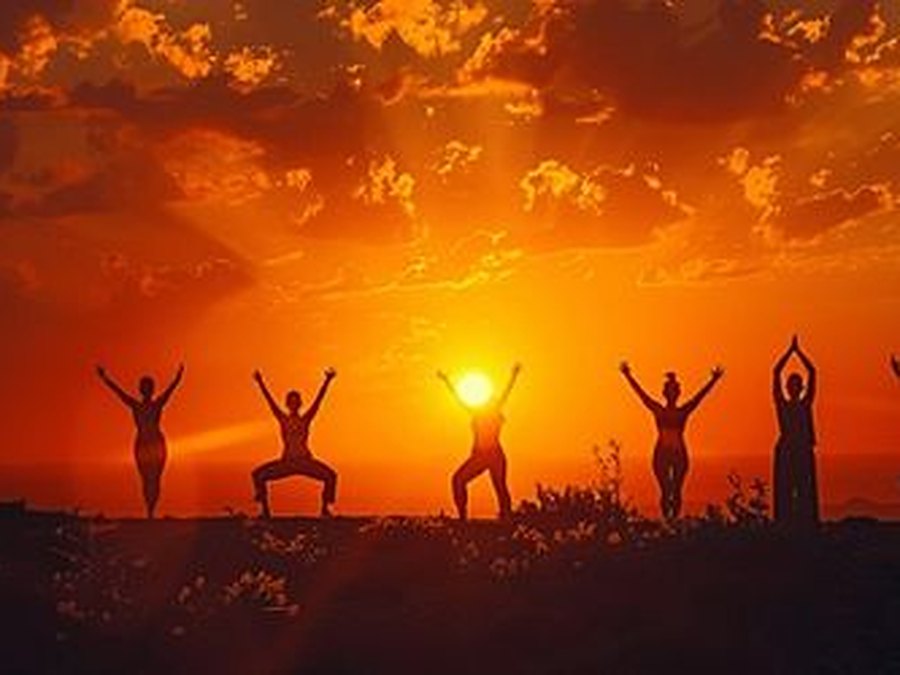 A group practising a calming wellness routine